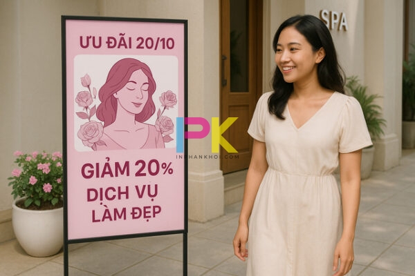 Mẫu standee 20/10 cho spa và cửa hàng – màu hồng trắng, hiển thị ưu đãi khuyến mãi