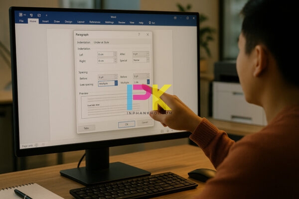 Nhân viên Xưởng In Phan Khôi hướng dẫn chỉnh spacing và lề trước khi in giấy A4 kẻ chấm.