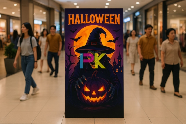 Mẫu Standee Halloween đẹp & ấn tượng 2025 tại Xưởng In Phan Khôi 7 Standee halloween phong cách kinh dị với hình bí ngô và phù thủy