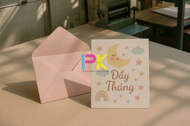 Mẫu phong bì đầy tháng in sẵn được chụp cạnh thiệp mừng tại Xưởng In Phan Khôi TP.HCM