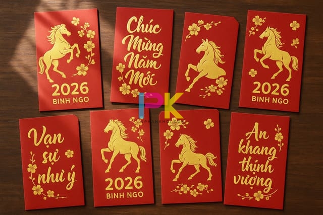 Bộ mẫu bao lì xì 2026 nhiều phong cách – độc quyền tại Xưởng In Phan Khôi.