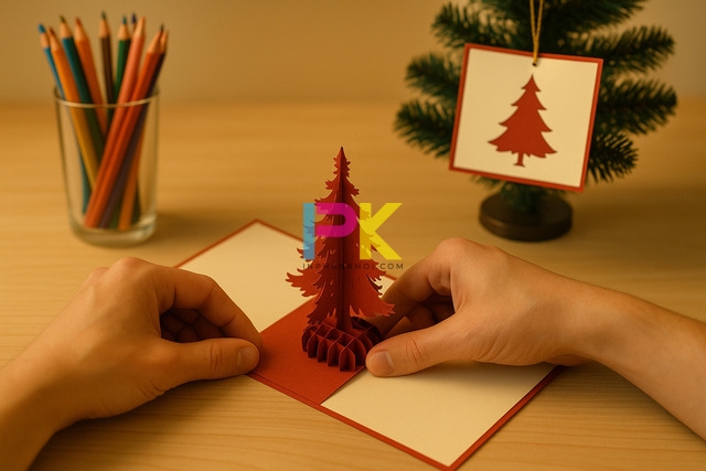 Cách làm thiệp Giáng sinh bằng giấy A4 đẹp và đơn giản tại nhà 9 Nhân viên Xưởng In Phan Khôi đang gấp thiệp Giáng Sinh 3D từ giấy A4 màu xanh đỏ.