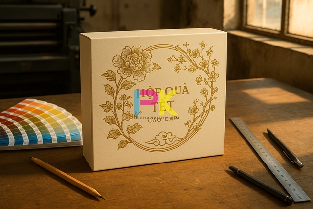 Bộ sưu tập mẫu hộp quà Tết sang trọng và cách in đẹp, chuẩn màu 1 Hộp quà Tết sang trọng với tông đỏ – vàng kim, kiểu dáng nắp rời cao cấp.