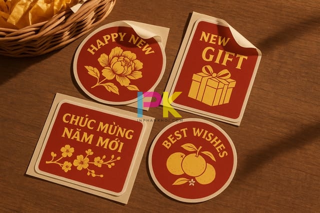 Mẫu tem dán quà Tết Bính Ngọ đẹp: Gợi ý thiết kế & cách in chuẩn 1 Mẫu tem dán Tết đỏ vàng nổi bật – thiết kế theo yêu cầu tại Xưởng In Phan Khôi.
