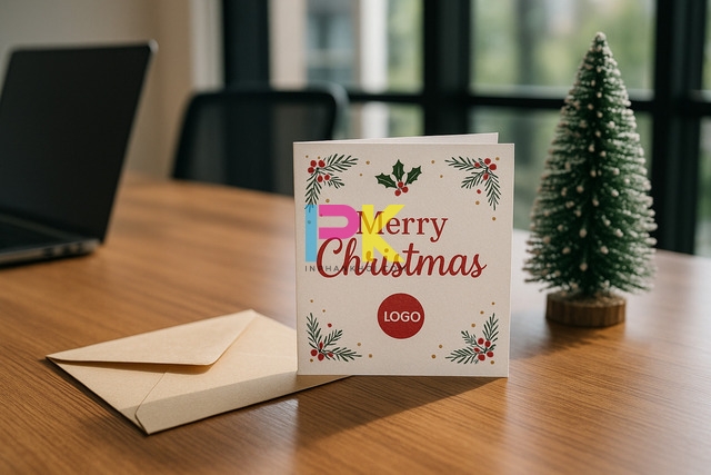 Bộ sưu tập mẫu thiệp Giáng sinh đẹp 2025 & in nhanh tại TP.HCM 2 Thiệp Noel doanh nghiệp in tại Xưởng In Phan Khôi với logo công ty, tông xanh bạc sang trọng.