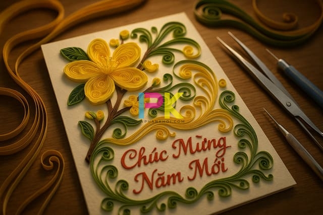 Cách làm thiệp chúc mừng năm mới đẹp, đơn giản và dễ in lại khi cần 4 Thiệp Tết 3D bằng giấy cuốn nổi bật với hoa mai vàng.